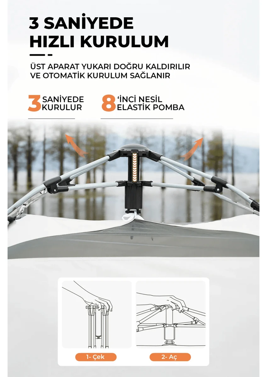 Tam Otomatik Su ve Rüzgar Geçirmez Gölgelikli Altıgen Aile Çadırı (ZP56-BEJ)280X240X155 cm